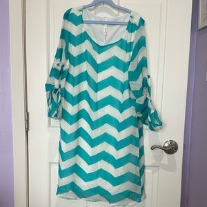 My Story Teal and White Chevron Long Sleeve Dress